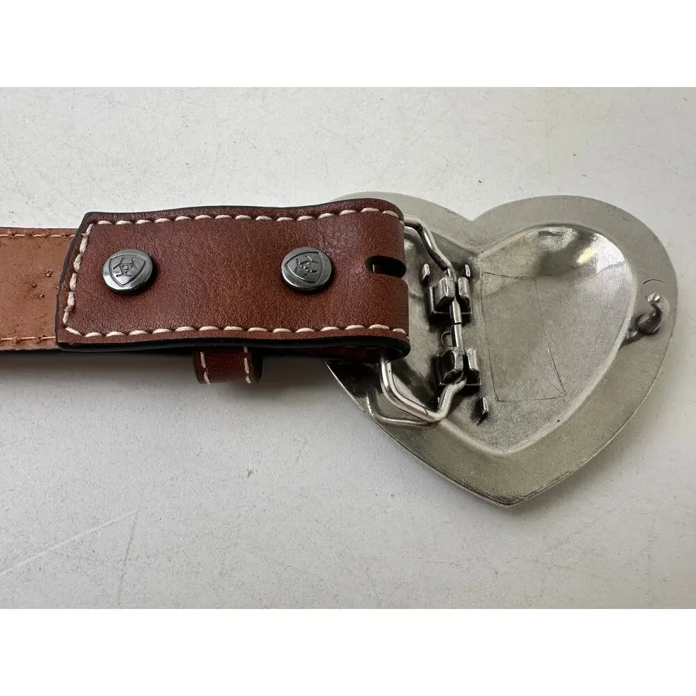 Ariat Western Brown Leather Belt W/ Silver Heart Buckle Children's Sz 24